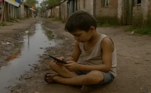 Niño pobre con celular y la pobreza estructural