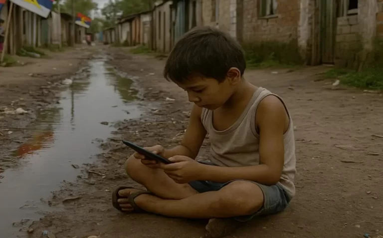 Niño pobre con celular y la pobreza estructural