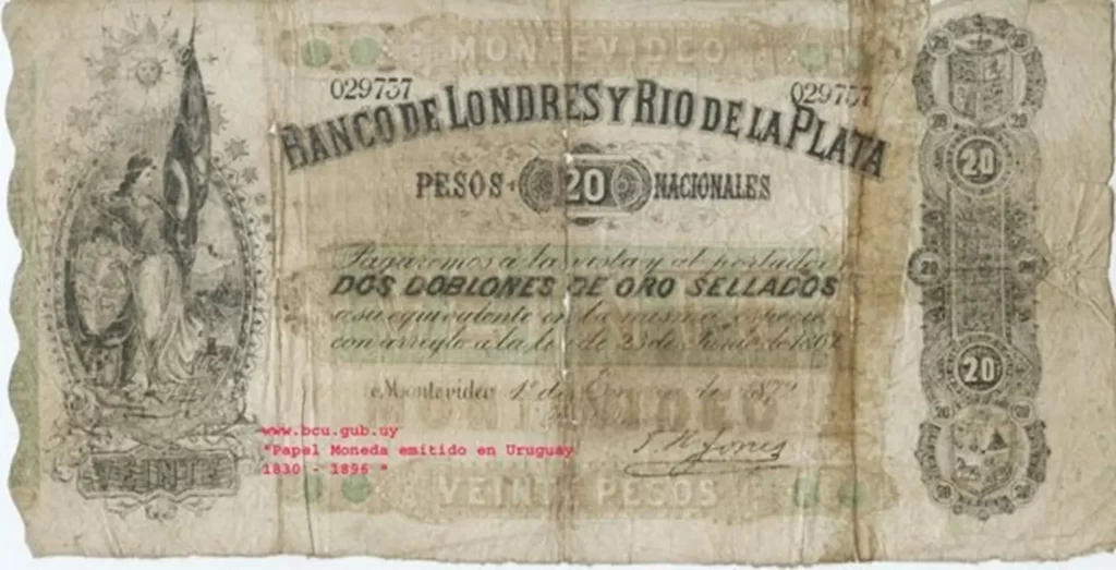 Banco Londes y Río de la Plata Billete de 20 pesos, emitido en Montevideo el 1° de enero de 1872.