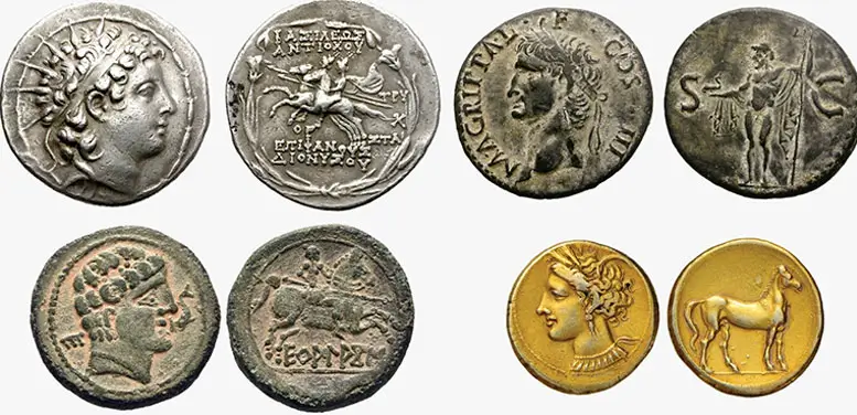 Monedas del imperio Romano y Grecia acuñadas en plata, cobre y oro.