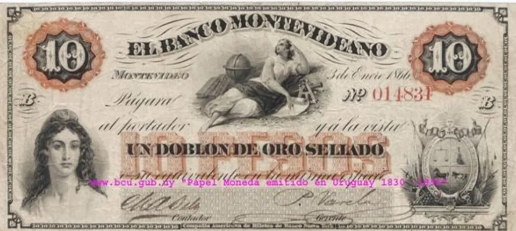 Billete de diez pesos emitido por el Banco Montevideano con convertibilidad a un doblón de oro.